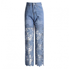 High Street Elegant Chic Fashionable Hollow Out Lace Floral Loose Straight Denim Jeans