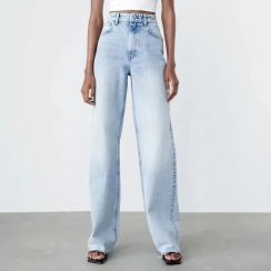 Loose Fit Bleach Wash Straight Leg Denim Trousers for Women