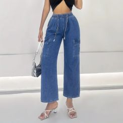 Womens Fashionable Multiple Pocket Loose Denim Cropped Cargo Trouser